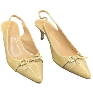 👠 Talbots 8.5B Nude Patent Slingback Heels Pointed Toe Bow Buckle Y2K Chic